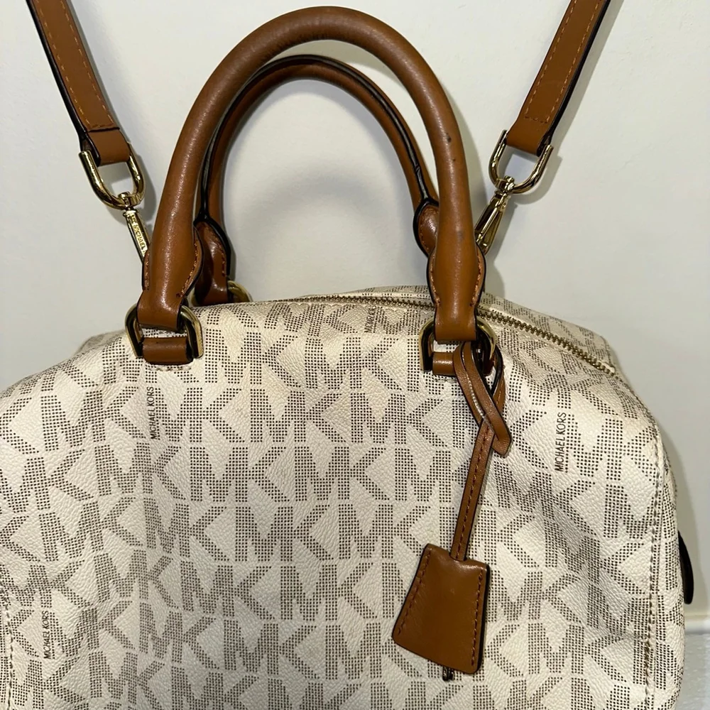 Michael Kors Monogram Kirby Satchel Bag Beige/Brown Vanilla/Acorn MK Logo Purse